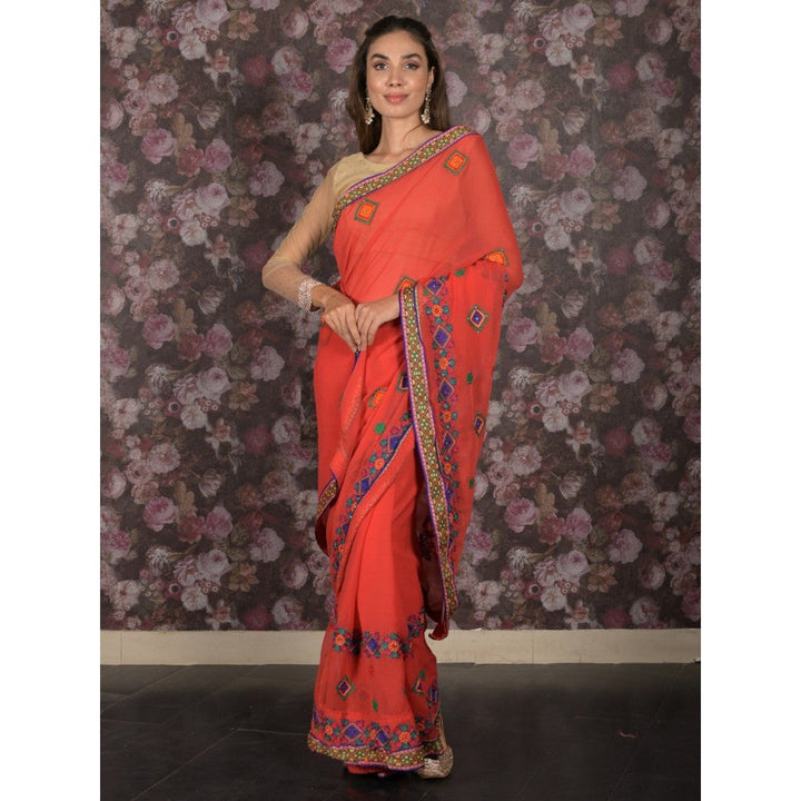 Odette Women Red Chiffon Embroidered Saree