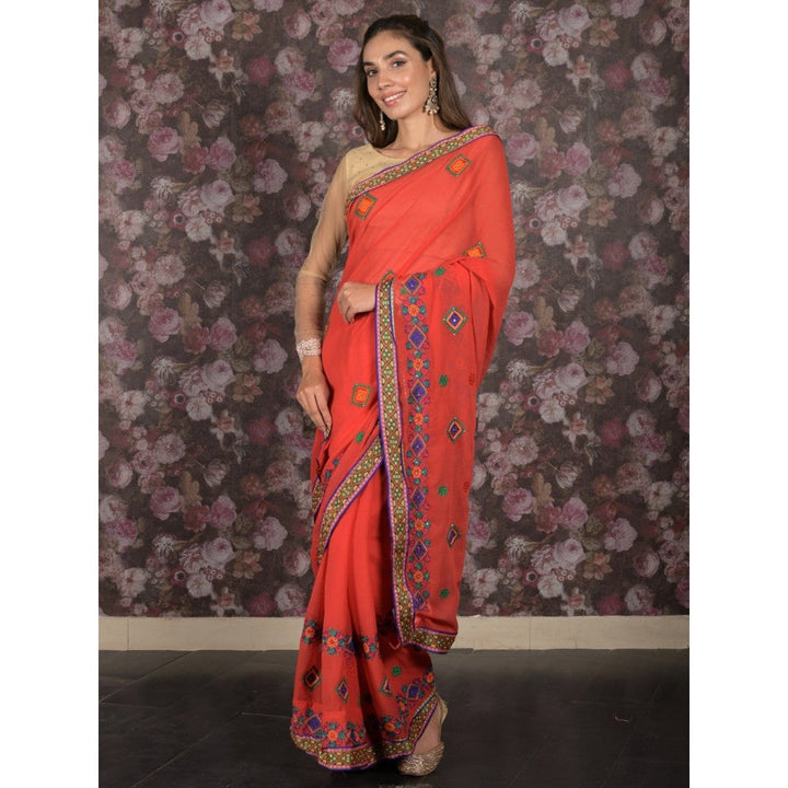 Odette Women Red Chiffon Embroidered Saree