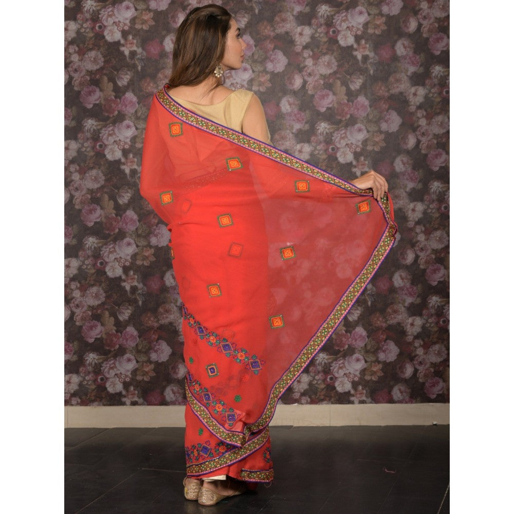 Odette Women Red Chiffon Embroidered Saree