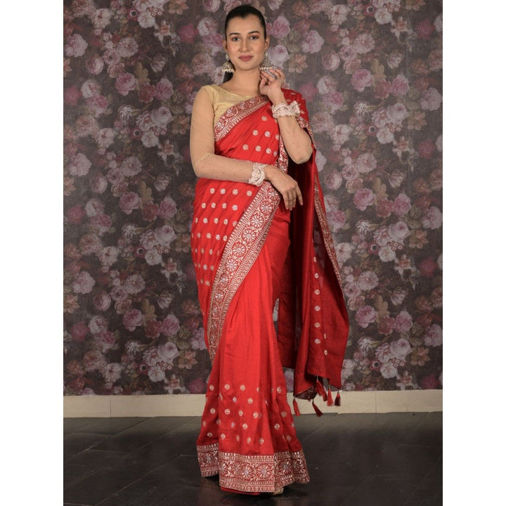 Odette Women Red Silk Blend Embroidered Saree with Unstitched Blouse