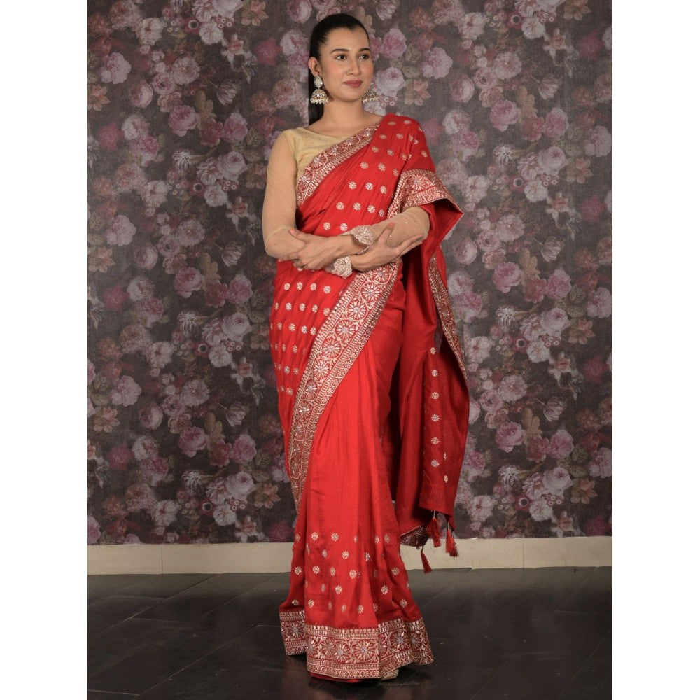 Odette Women Red Silk Blend Embroidered Saree with Unstitched Blouse