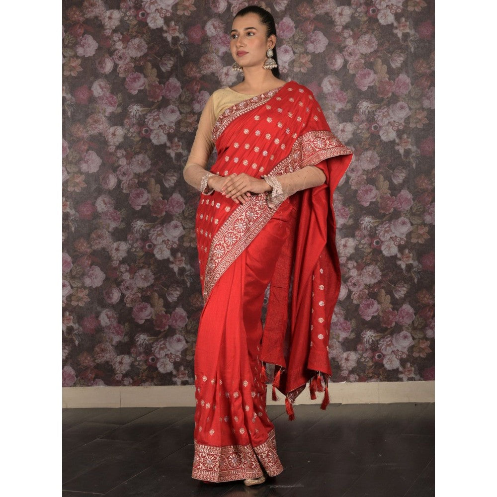 Odette Women Red Silk Blend Embroidered Saree with Unstitched Blouse