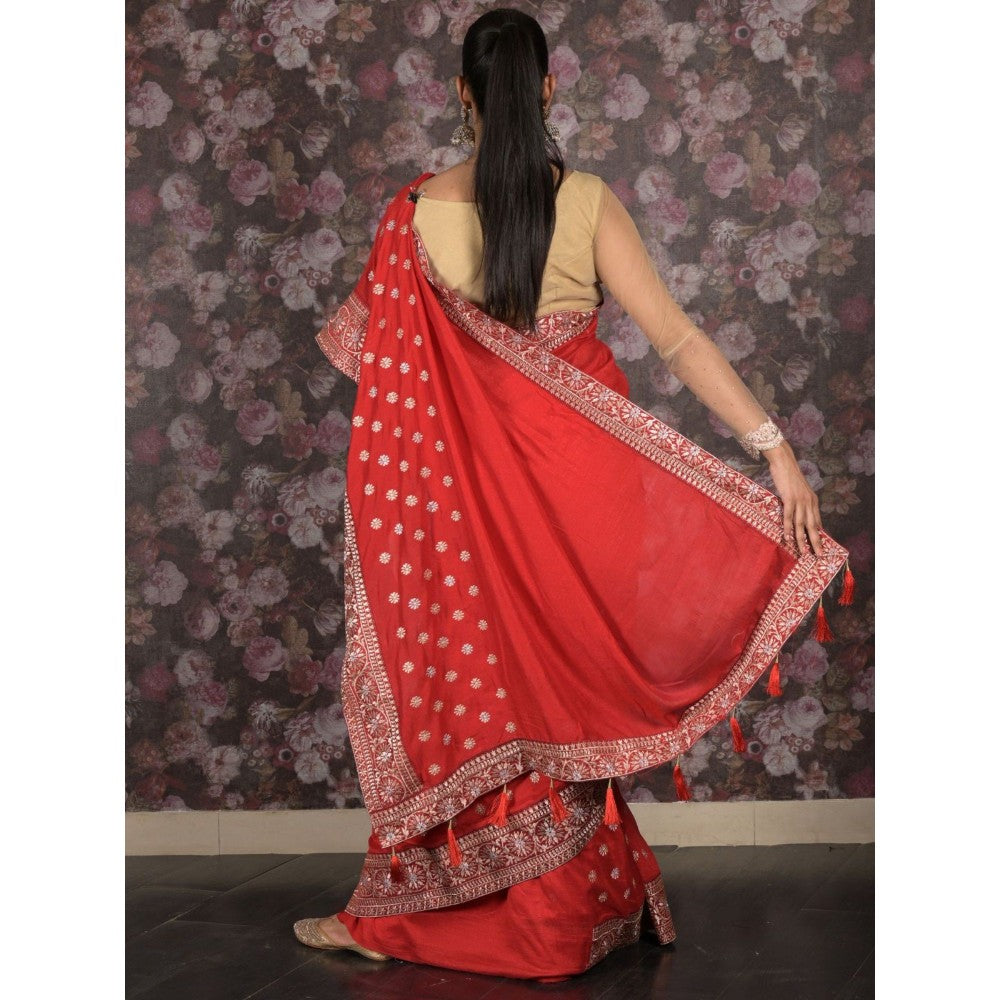 Odette Women Red Silk Blend Embroidered Saree with Unstitched Blouse