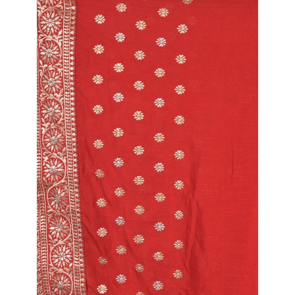 Odette Women Red Silk Blend Embroidered Saree with Unstitched Blouse