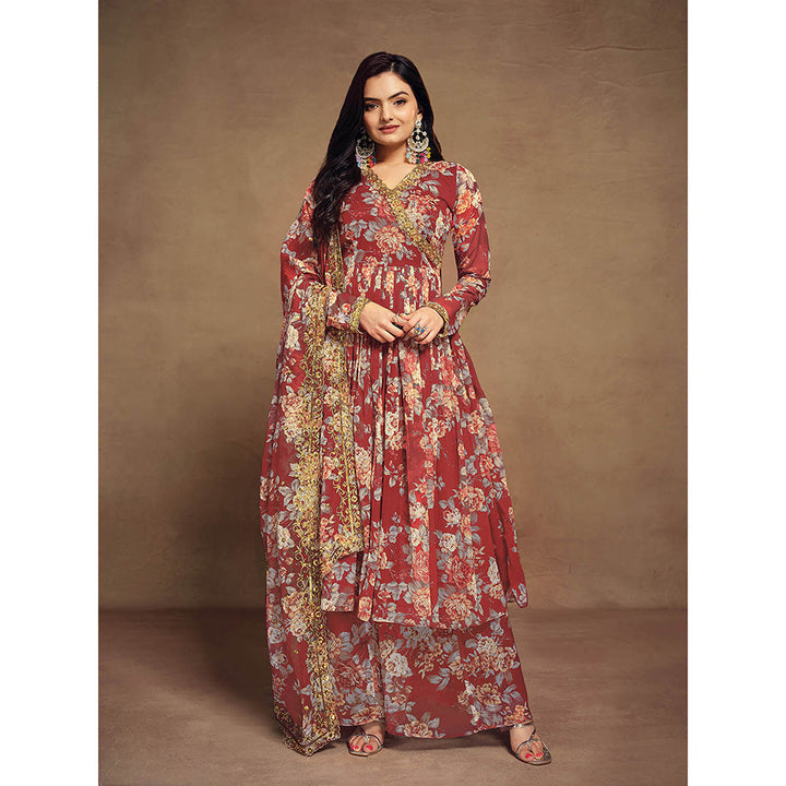 Odette Maroon Chiffon Printed Stitched Angarkha Kurta with Palazzo & Dupatta (Set of 3)