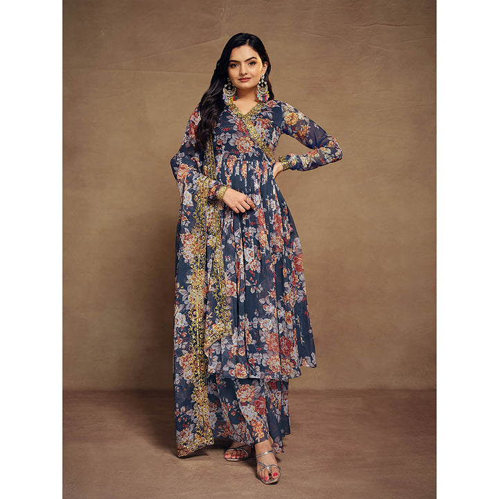 Odette Blue Chiffon Printed Angarkha Kurta with Palazzo & Dupatta (Set of 3)