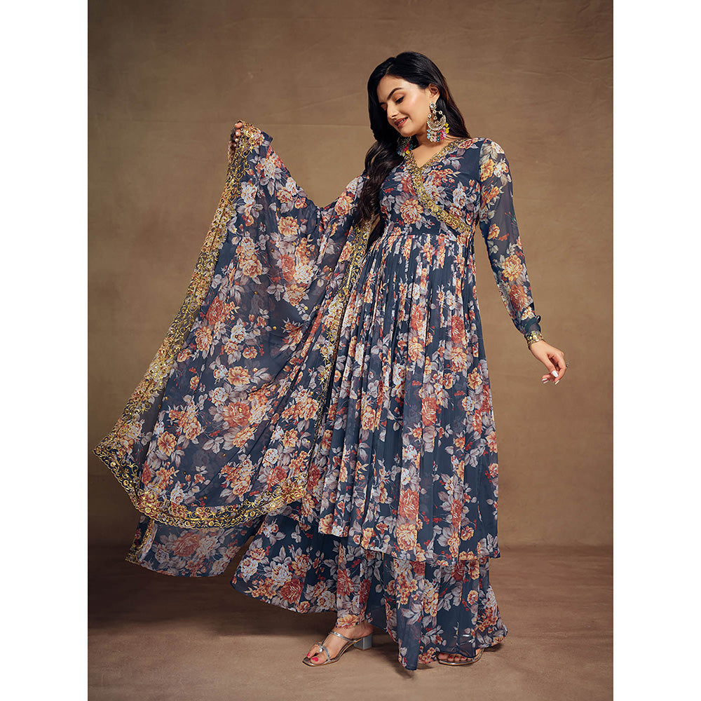 Odette Blue Chiffon Printed Angarkha Kurta with Palazzo & Dupatta (Set of 3)