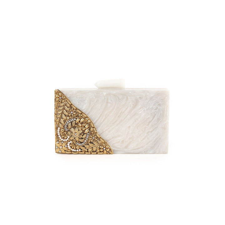 Odette White And Gold Resin Box Clutch For Women