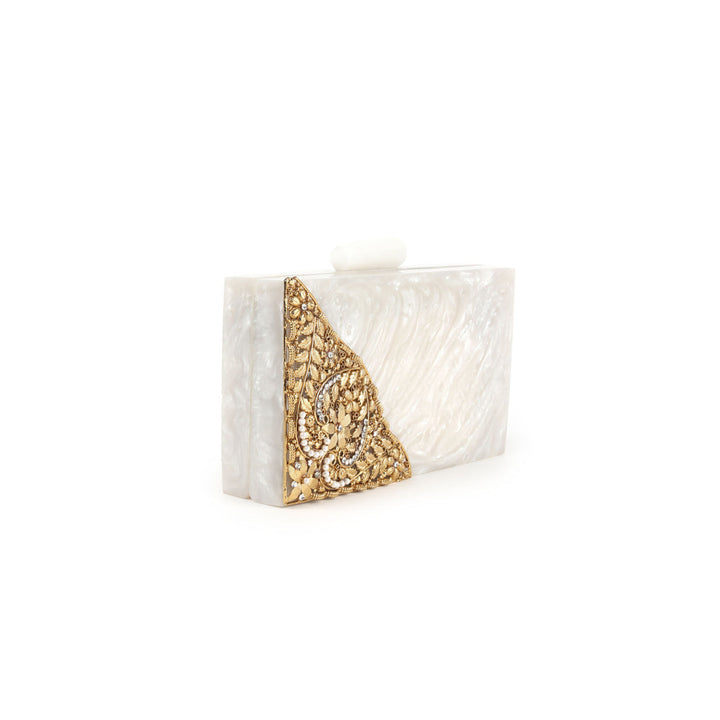 Odette White And Gold Resin Box Clutch For Women