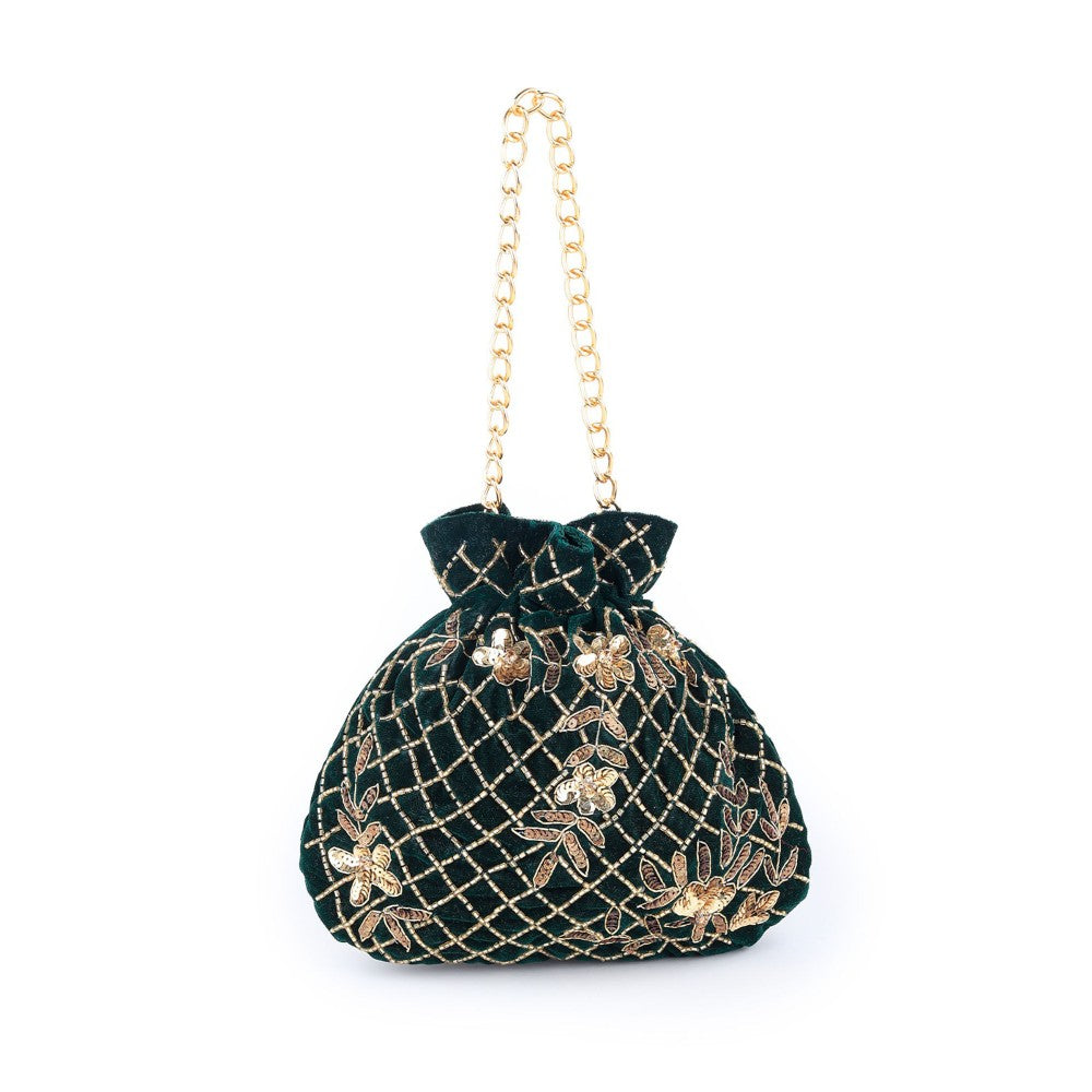 Odette Women Dark Green Velvet Potli Bag With Golden Embroidery