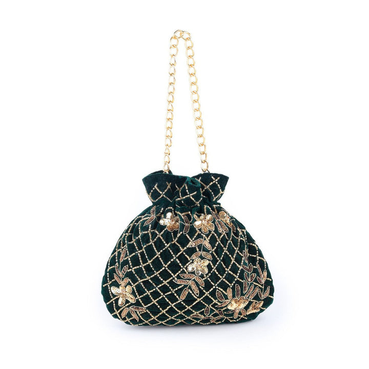 Odette Women Dark Green Velvet Potli Bag With Golden Embroidery