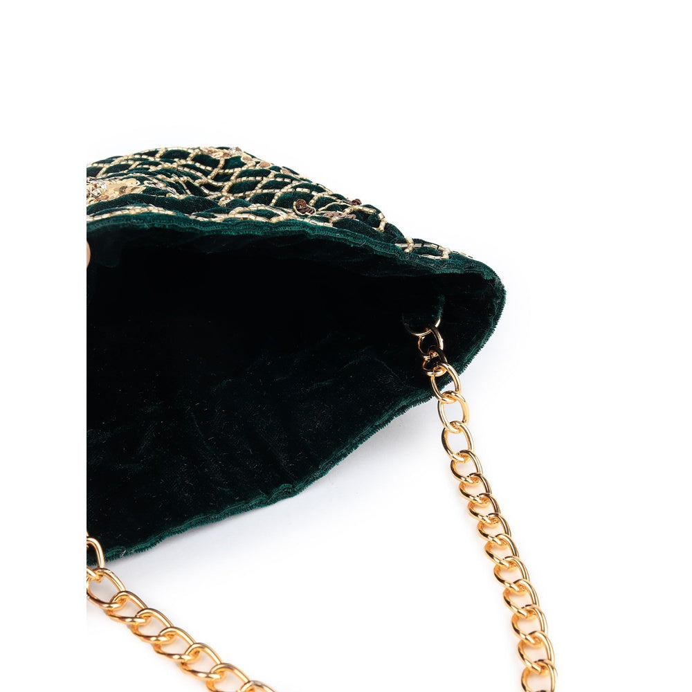 Odette Women Dark Green Velvet Potli Bag With Golden Embroidery