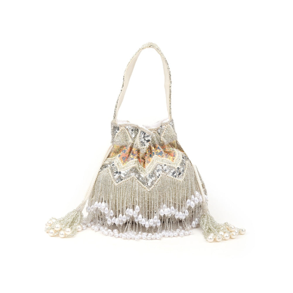 Odette Women Silver Tassel Potli Bag