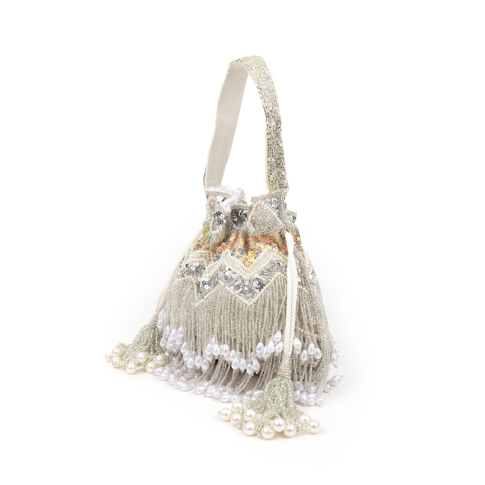 Odette Women Silver Tassel Potli Bag