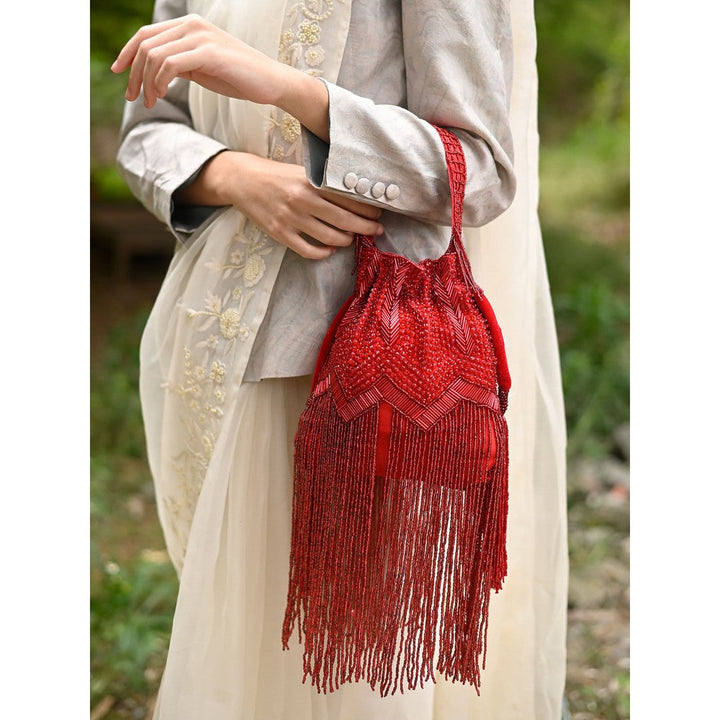 Odette Women Red Beaded Potli Bag With Tassels