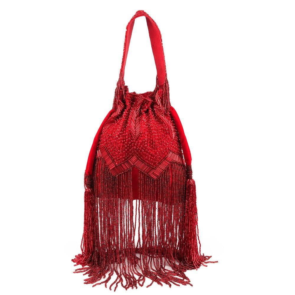 Odette Women Red Beaded Potli Bag With Tassels