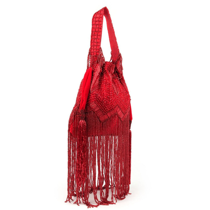 Odette Women Red Beaded Potli Bag With Tassels