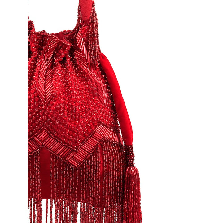 Odette Women Red Beaded Potli Bag With Tassels