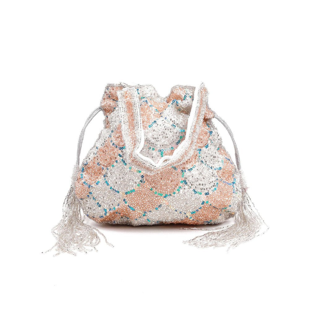 Odette Women Pretty Peach And White Sequence Potli Bag