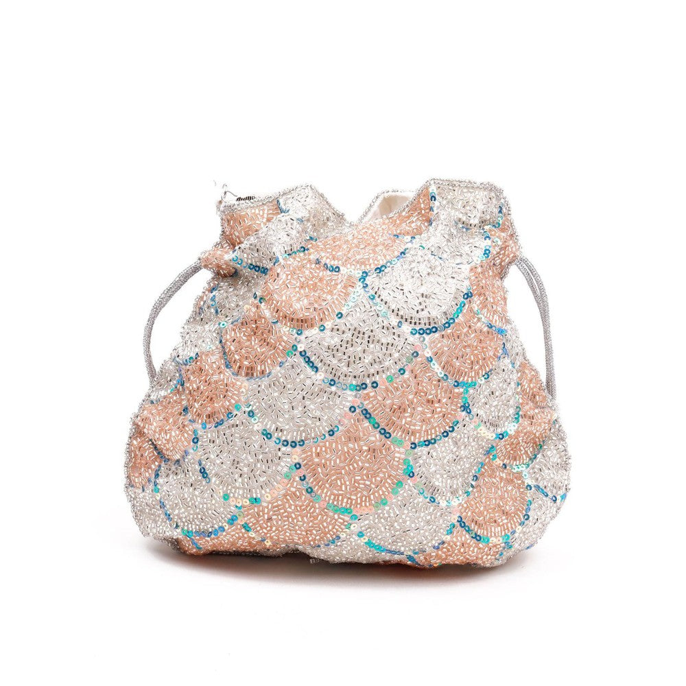 Odette Women Pretty Peach And White Sequence Potli Bag