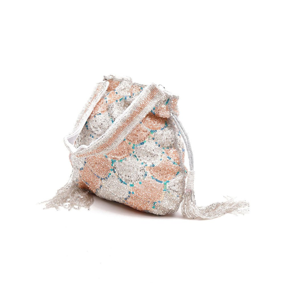 Odette Women Pretty Peach And White Sequence Potli Bag