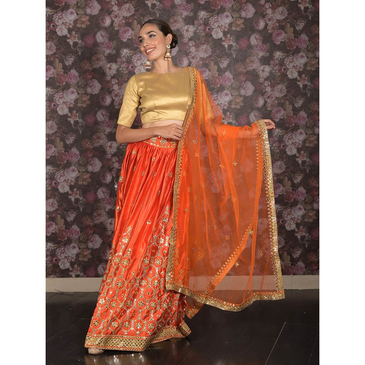 Odette Orange Embroidered Semi-Stitched Satin Lehenga with Untitched Blouse and Dupatta (Set of 3)