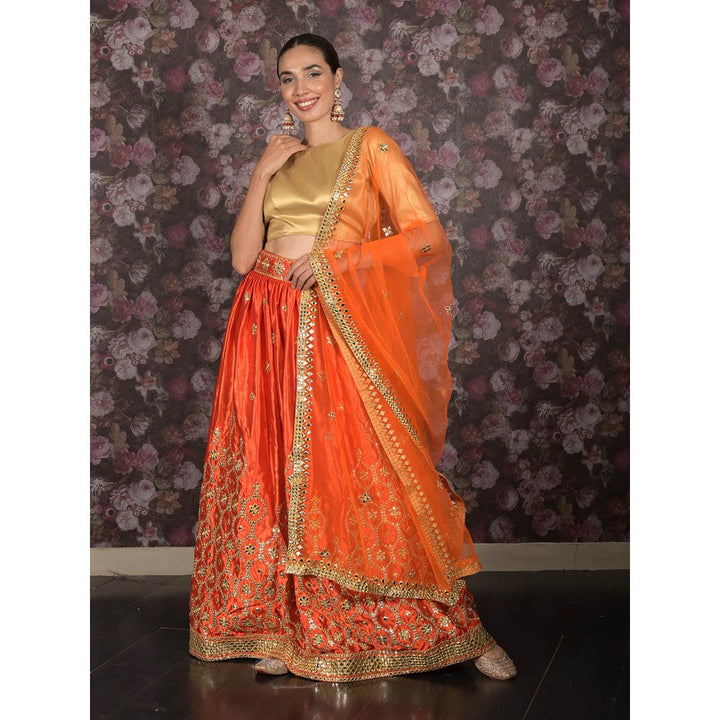 Odette Orange Embroidered Semi-Stitched Satin Lehenga with Untitched Blouse and Dupatta (Set of 3)