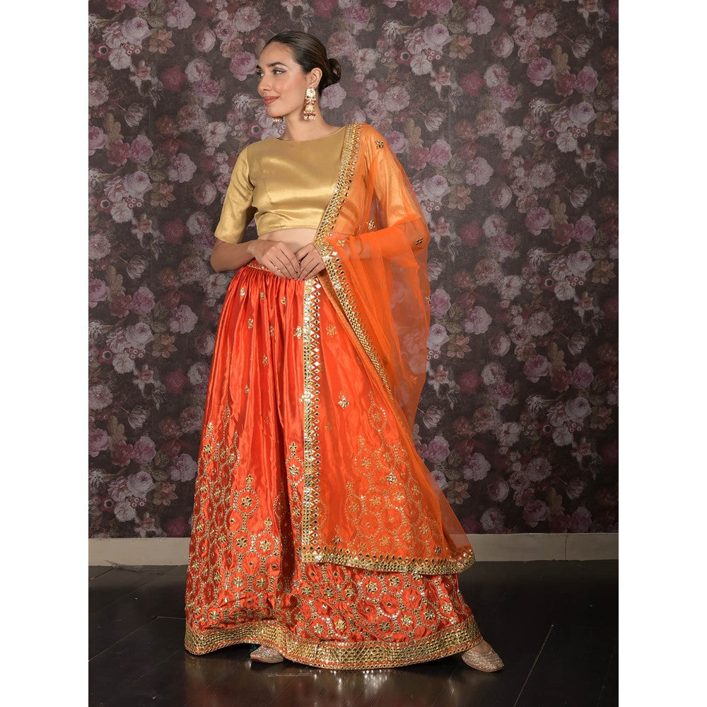 Odette Orange Embroidered Semi-Stitched Satin Lehenga with Untitched Blouse and Dupatta (Set of 3)