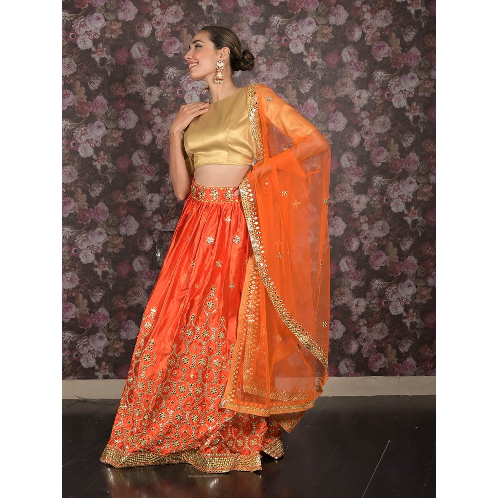 Odette Orange Embroidered Semi-Stitched Satin Lehenga with Untitched Blouse and Dupatta (Set of 3)