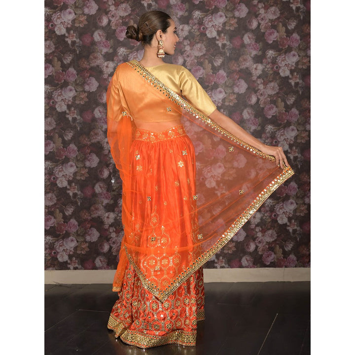 Odette Orange Embroidered Semi-Stitched Satin Lehenga with Untitched Blouse and Dupatta (Set of 3)