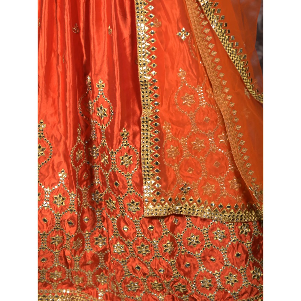 Odette Orange Embroidered Semi-Stitched Satin Lehenga with Untitched Blouse and Dupatta (Set of 3)