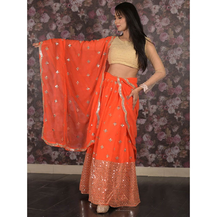 Odette Orange Embroidered Semi-Stitched Satin Lehenga with Untitched Blouse and Dupatta (Set of 3)