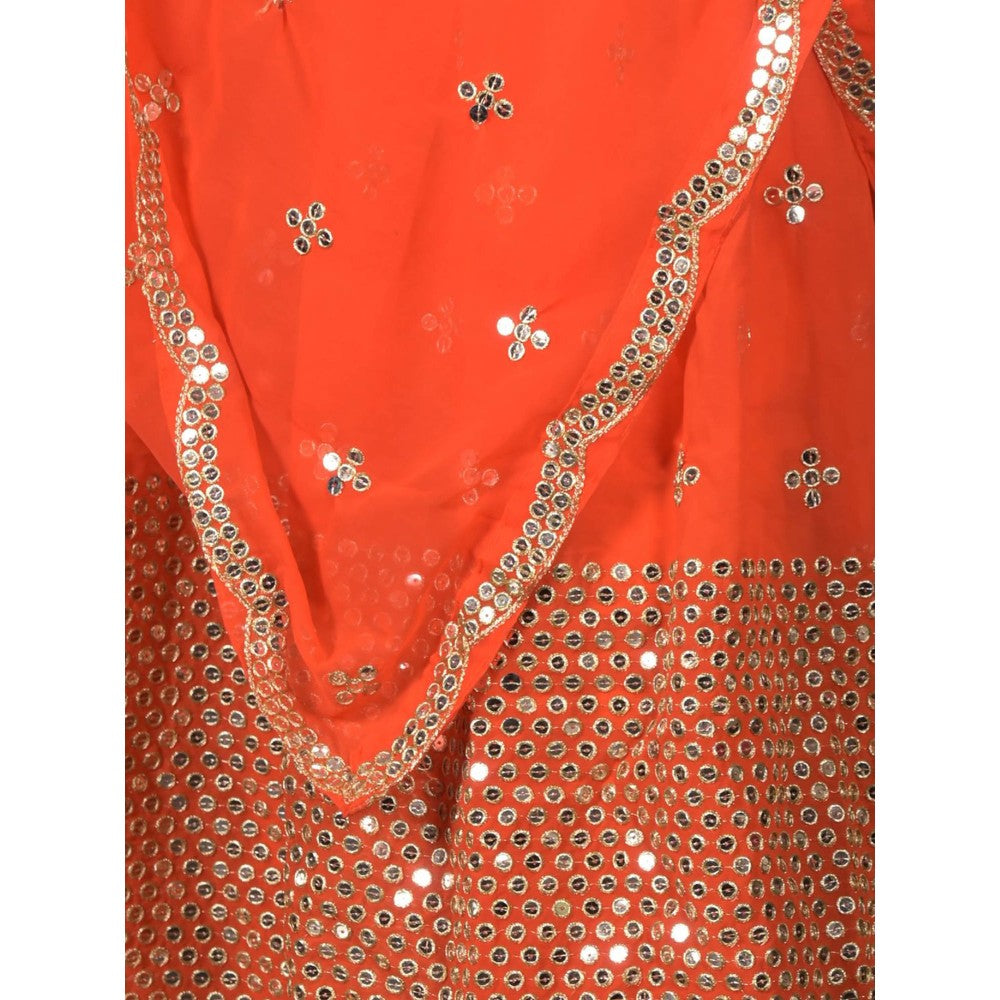 Odette Orange Embroidered Semi-Stitched Satin Lehenga with Untitched Blouse and Dupatta (Set of 3)