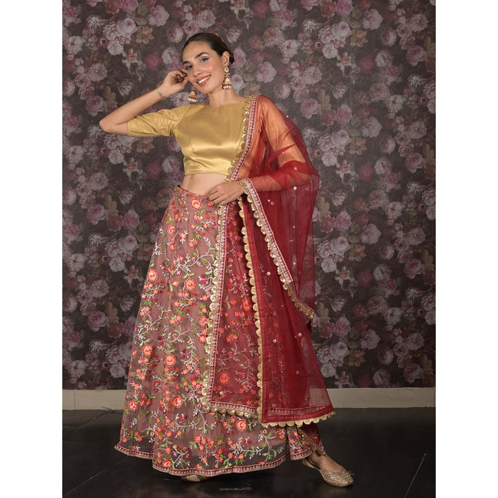 Odette Mauve Embroidered Semi-Stitched Net Lehenga with Unstitched Blouse and Dupatta (Set of 3)