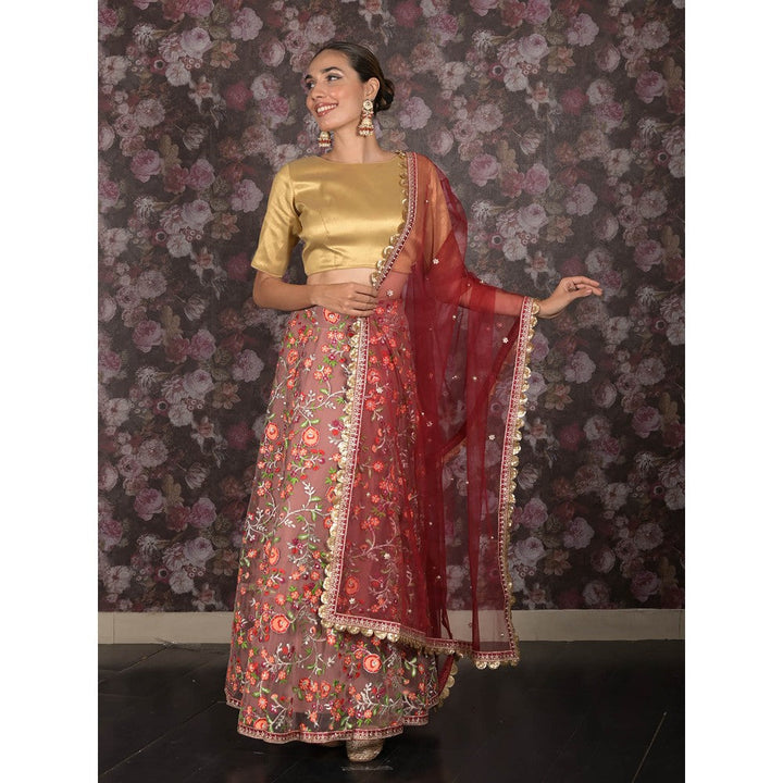 Odette Mauve Embroidered Semi-Stitched Net Lehenga with Unstitched Blouse and Dupatta (Set of 3)