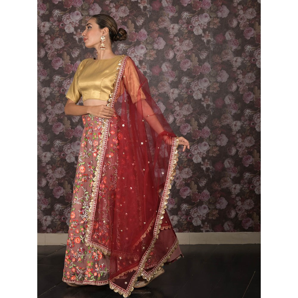 Odette Mauve Embroidered Semi-Stitched Net Lehenga with Unstitched Blouse and Dupatta (Set of 3)