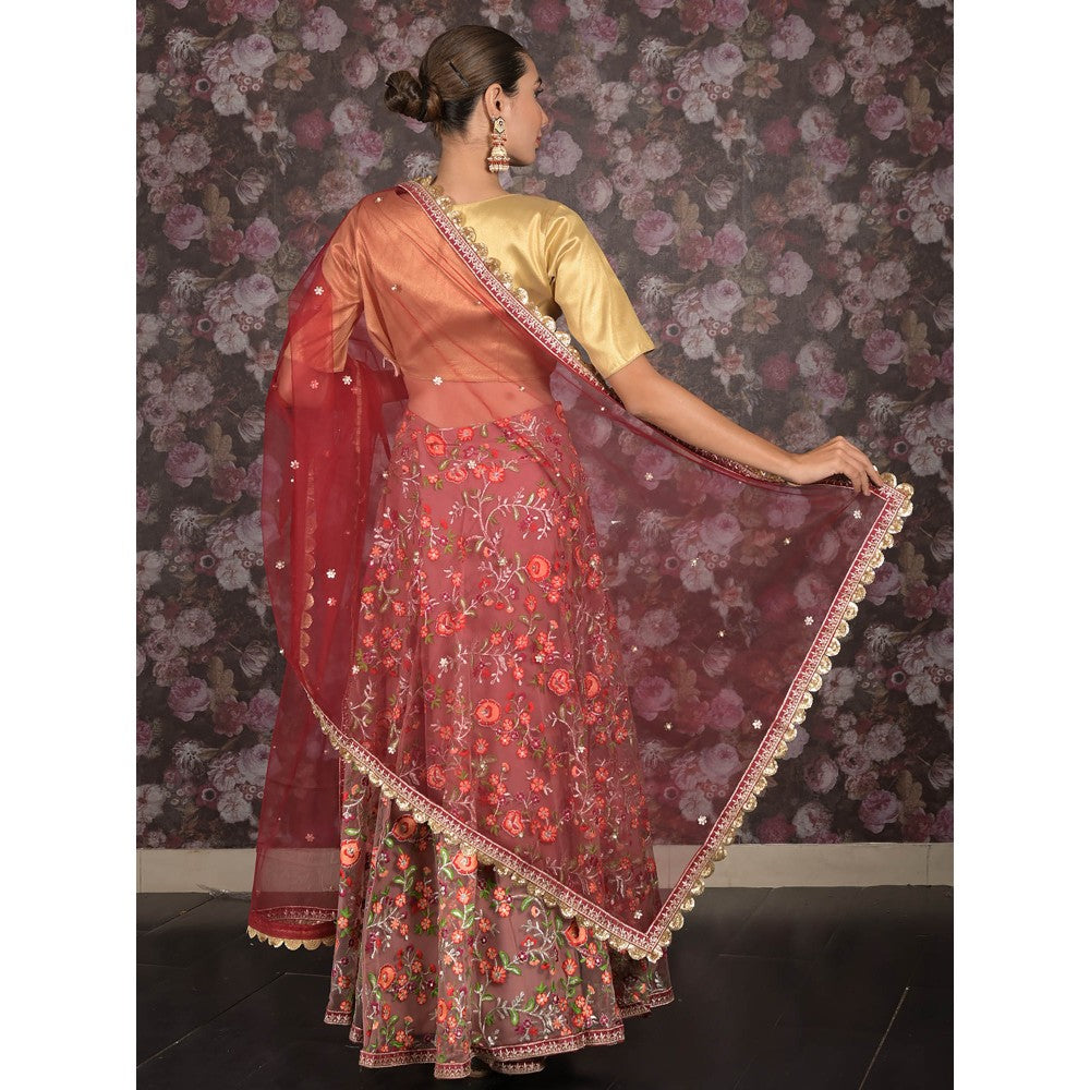 Odette Mauve Embroidered Semi-Stitched Net Lehenga with Unstitched Blouse and Dupatta (Set of 3)