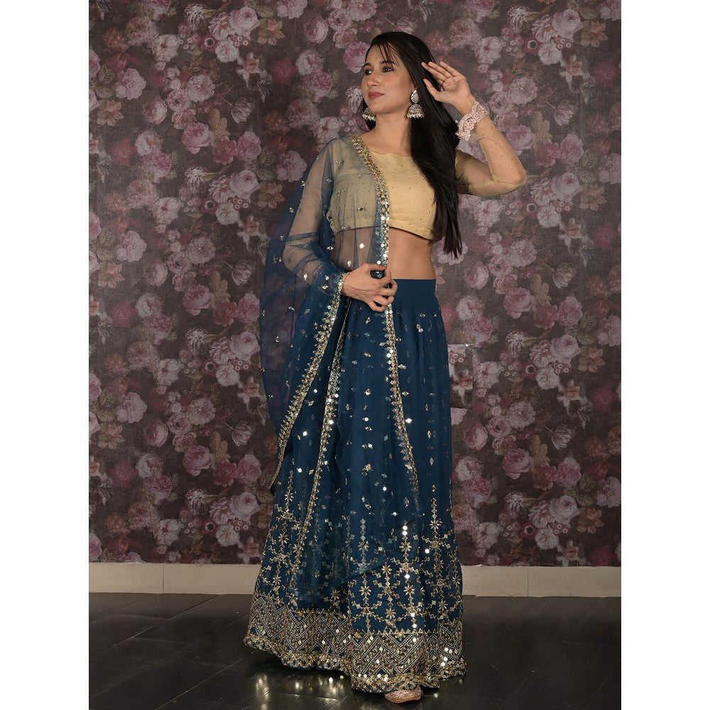 Odette Teal Sequins Embroidered Lehenga Set with Dupatta and Unstitched Blouse (Set of 3)