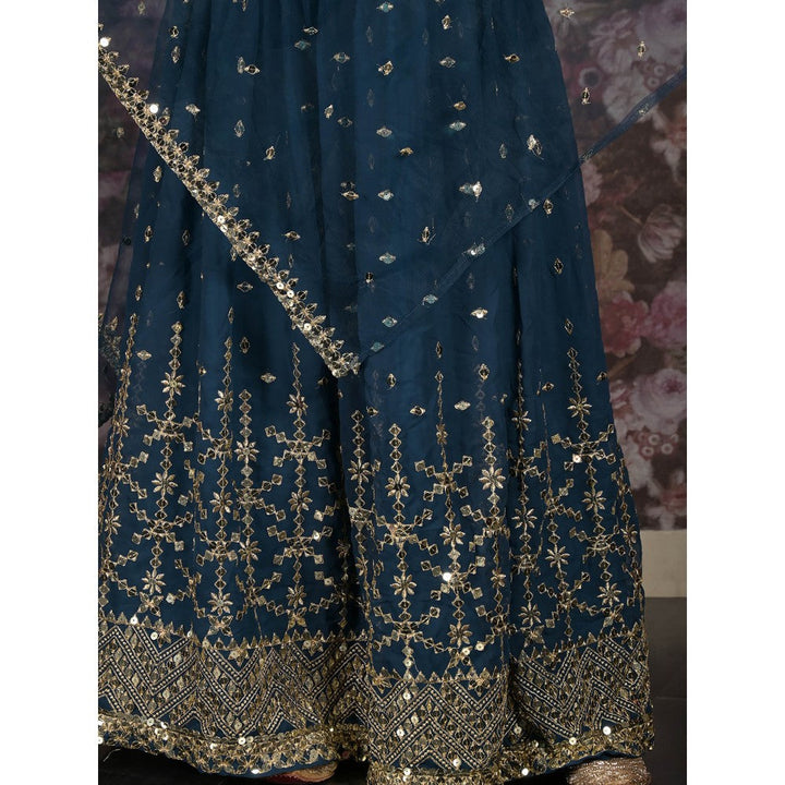 Odette Teal Sequins Embroidered Lehenga Set with Dupatta and Unstitched Blouse (Set of 3)