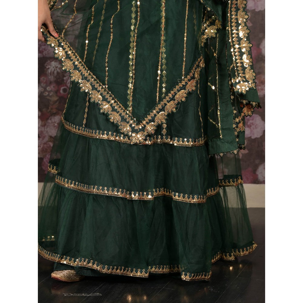 Odette Dark Green Embroidered Semi-Stitched Lehenga with Dupatta and Unstitched Blouse (Set of 3)