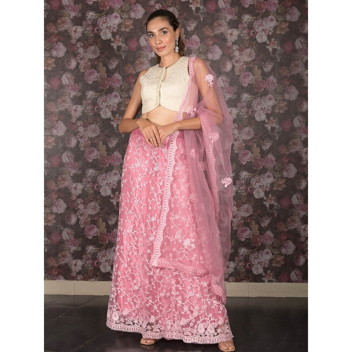 Odette Pink Semi-Stitched Embroidered Net Lehenga with Unstitched Blouse and Dupatta (Set of 3)