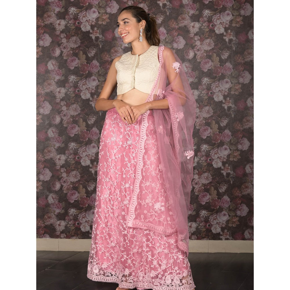 Odette Pink Semi-Stitched Embroidered Net Lehenga with Unstitched Blouse and Dupatta (Set of 3)