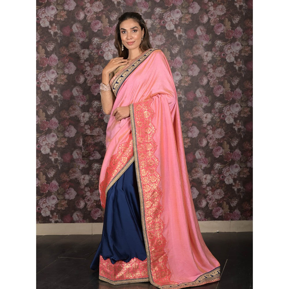 Odette Pink Embroidered Gold Shaded Silk Blend Saree with Unstitched Blouse