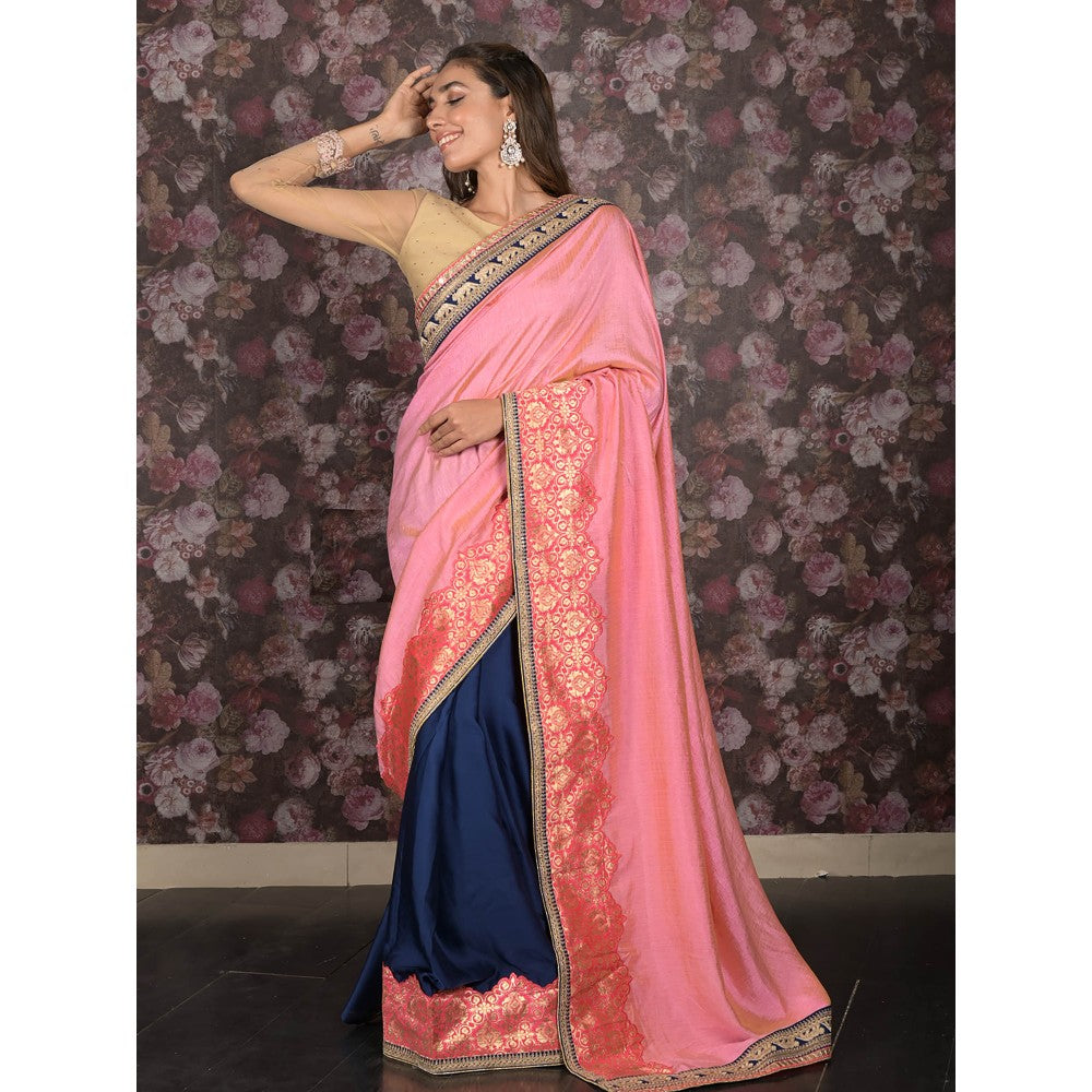 Odette Pink Embroidered Gold Shaded Silk Blend Saree with Unstitched Blouse