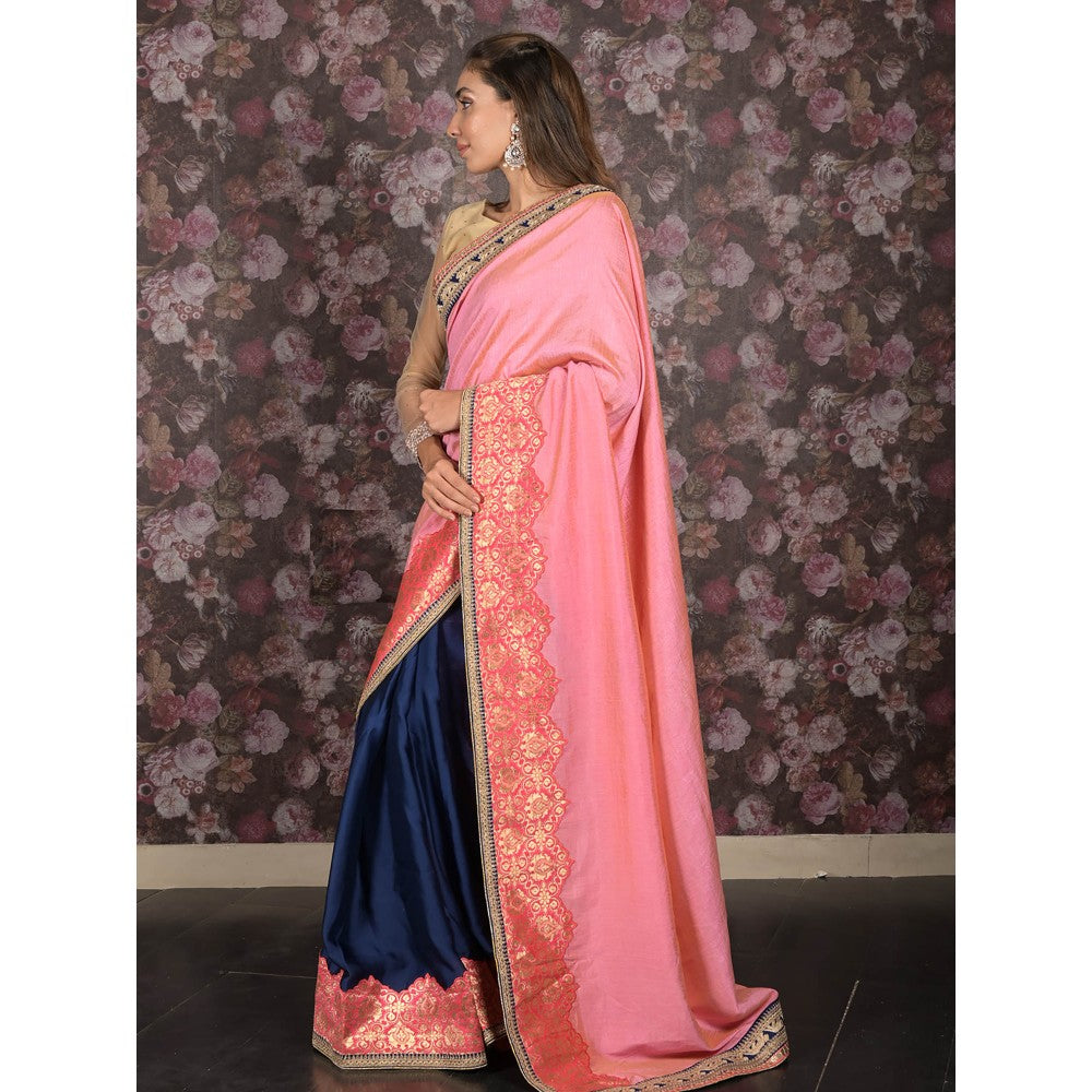 Odette Pink Embroidered Gold Shaded Silk Blend Saree with Unstitched Blouse