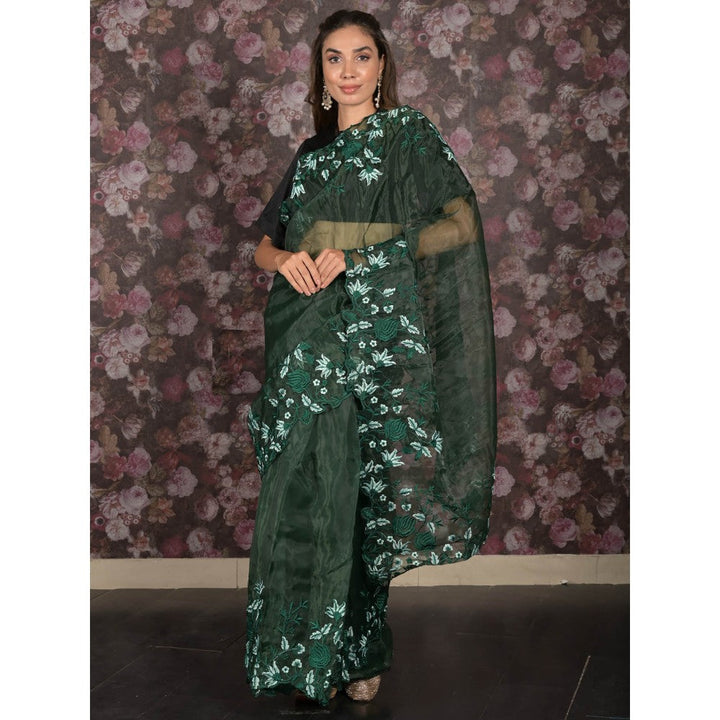 Odette Green Floral Embroidered Organza Saree with Unstitched Blouse