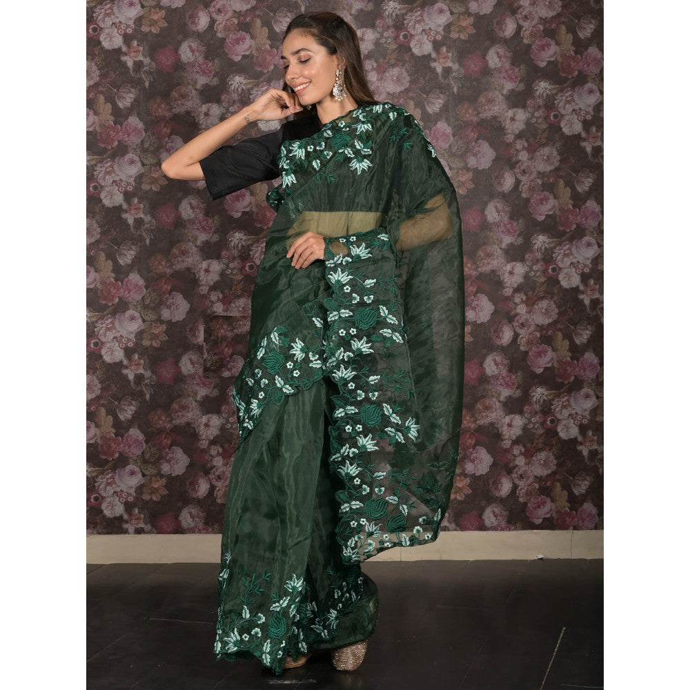 Odette Green Floral Embroidered Organza Saree with Unstitched Blouse