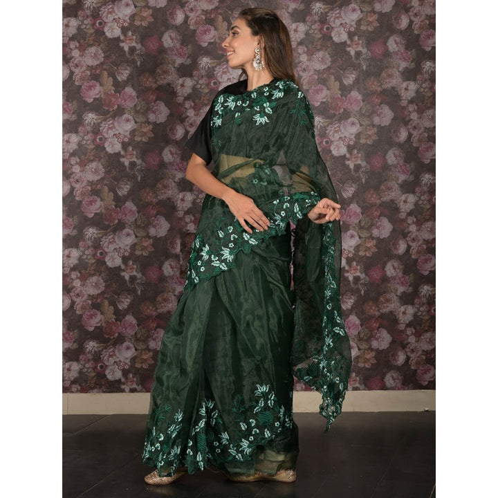 Odette Green Floral Embroidered Organza Saree with Unstitched Blouse