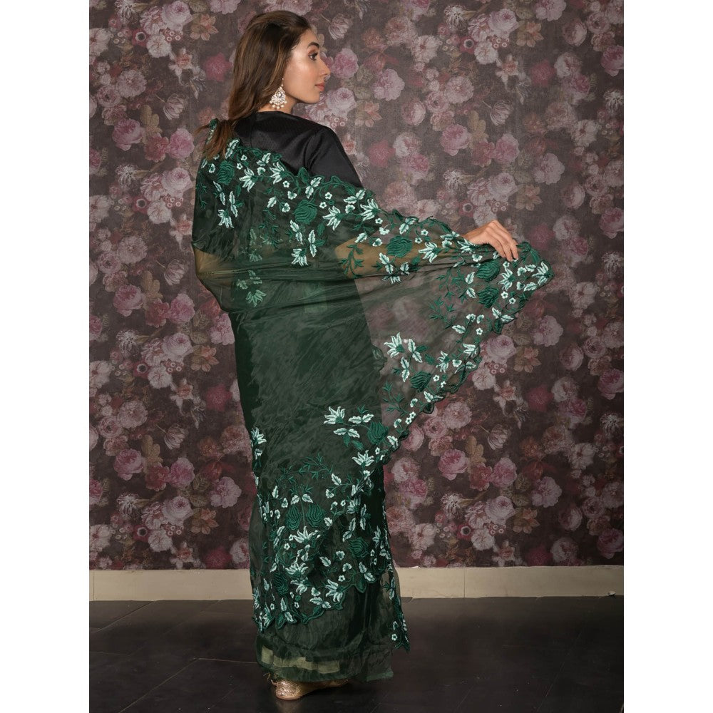 Odette Green Floral Embroidered Organza Saree with Unstitched Blouse