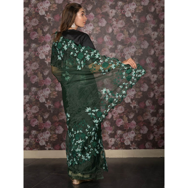 Odette Green Floral Embroidered Organza Saree with Unstitched Blouse